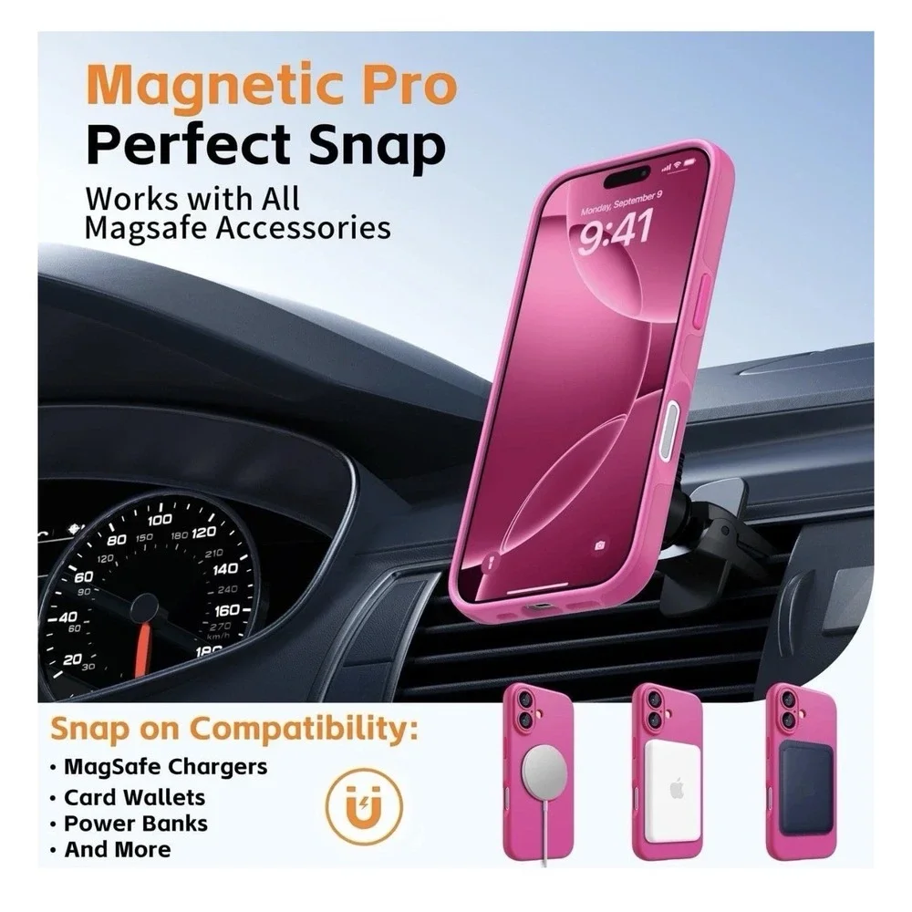 iPhone 17 Magnetic Phone Case Hot Pink Matte Slim Shockproof‎ Protective Cover